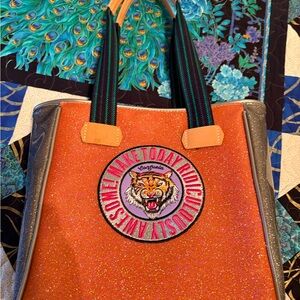 Consuela Orange Glitter Tote with Tiger Emblem